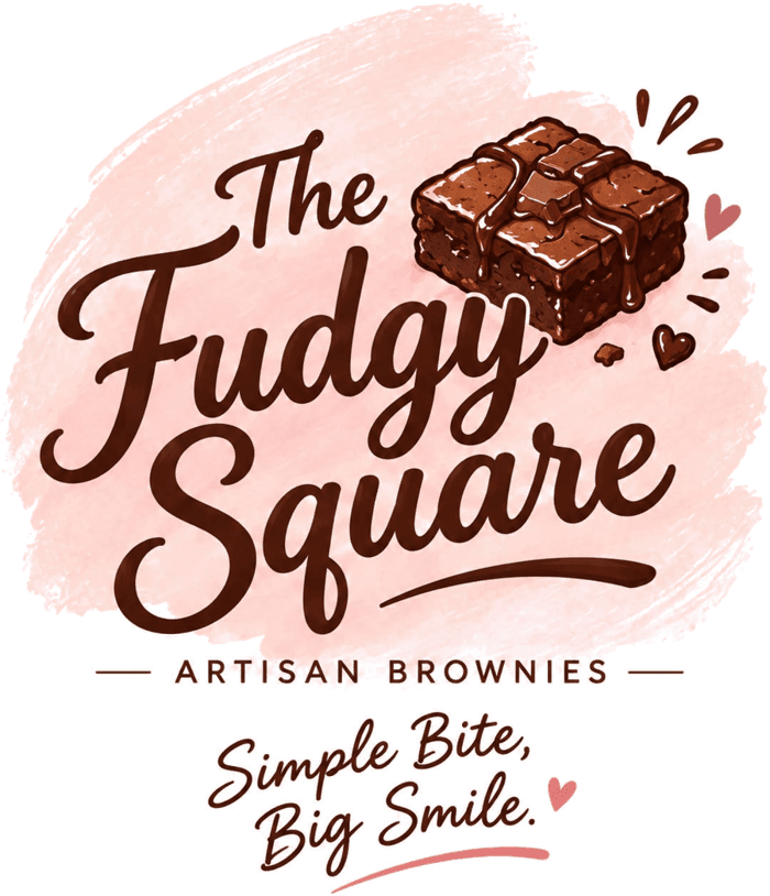 The Fudgy Square logo: Artisan Brownies, Simple Bite, Big Smile
